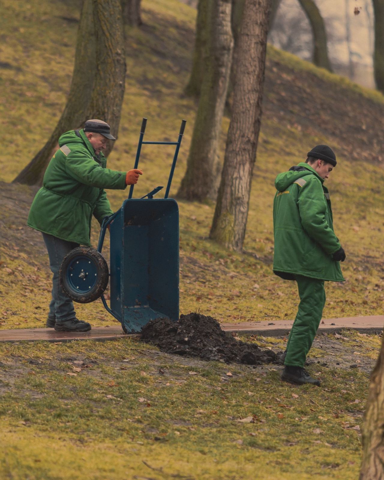 Two landscapers working with a wheelbarrow
