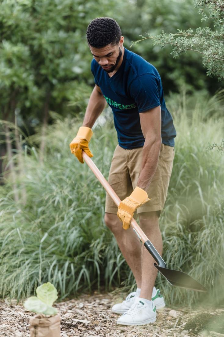 Landscaper planting in a garden bed with a shovel