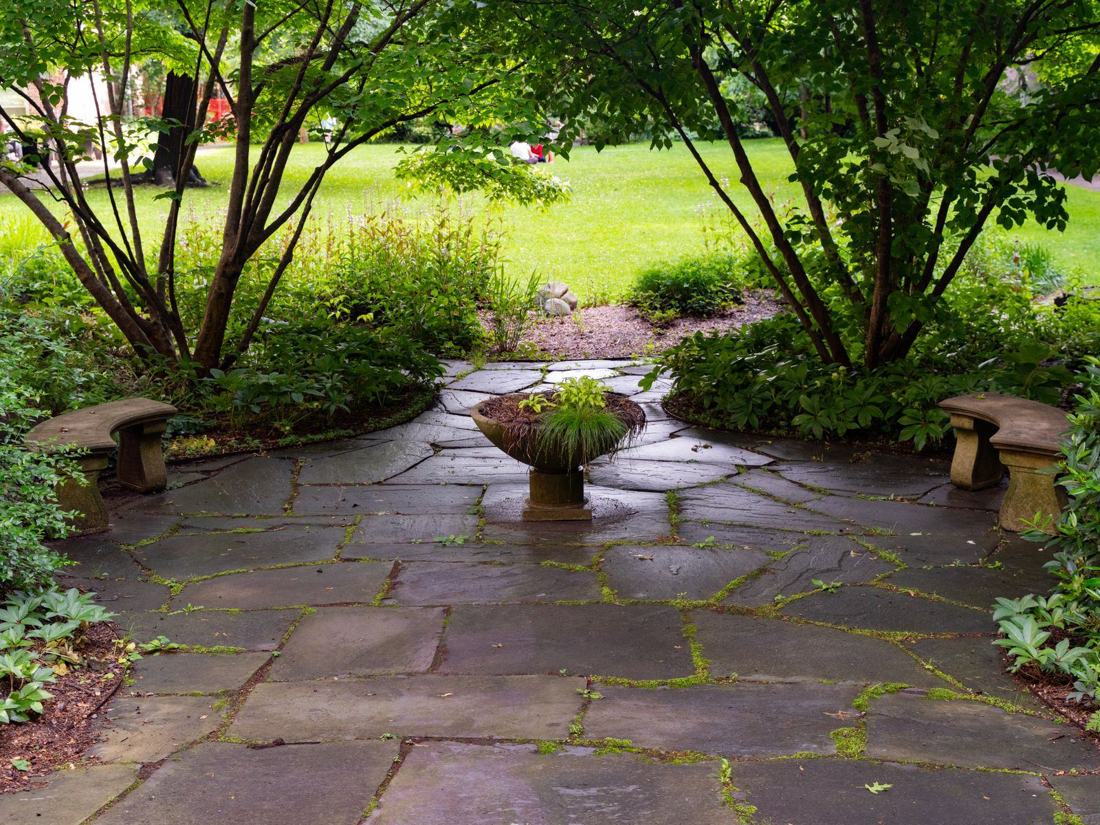 Flagstone patio surrounded by shrubs and trees